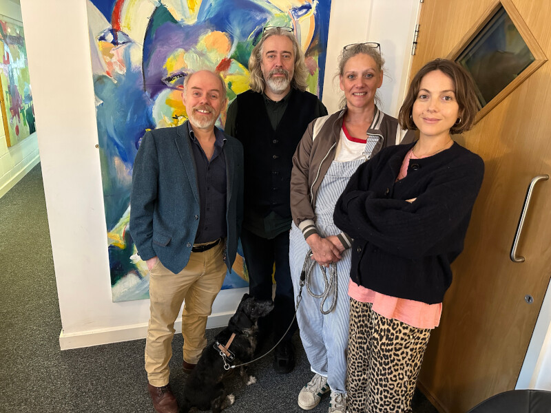 Dan Starkey, Andrew James Spooner, Neve McIntosh, Catrin Stewart (and Ziggy the dog)