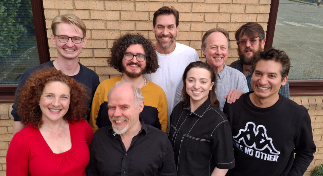 Members: L-R back row: Jack Bradfield (writer), Fergus Macdonad (writer), Dickon Gough, Stephen Riddle and Matthew Woodyatt. L-R front row: Helen Goldwyn (director), Dan Starkey, Maddison Bulleyment and Raj Ghatak
