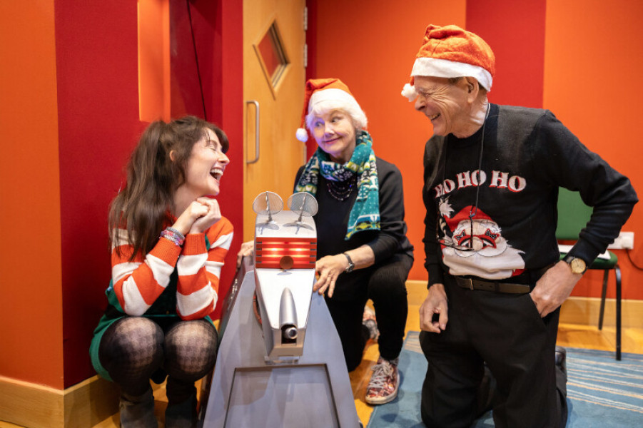Sadie Miller, Annette Badland and John Leeson with K9