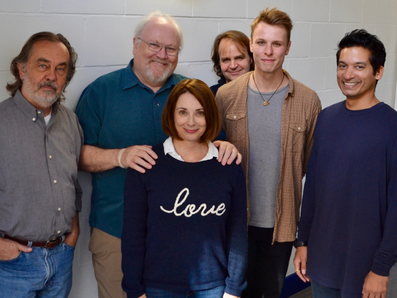 David Sibley (Dr Freud), Colin Baker (The Doctor), Nicola Bryant (Peri), Nev Fountain (writer), George Naylor (Dodo) and Raj Ghatak (The Complex)