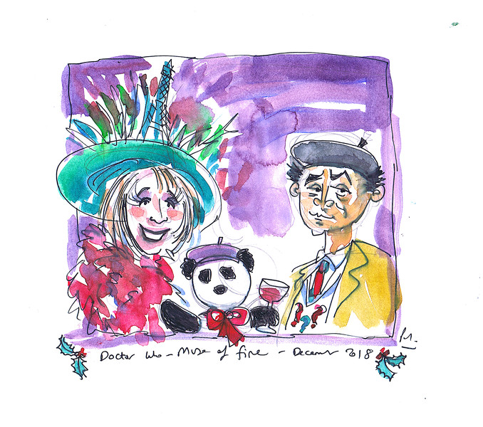 A painting of Sylvester McCoy and Iris Wildthyme